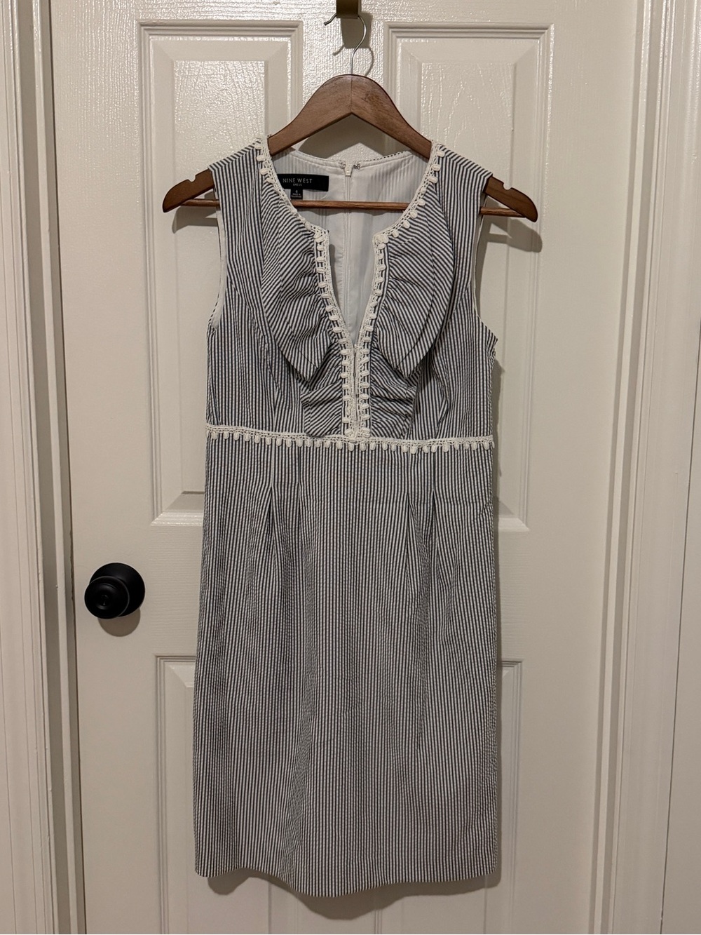 Nine West Navy and White Striped Ruffle-Front Dress